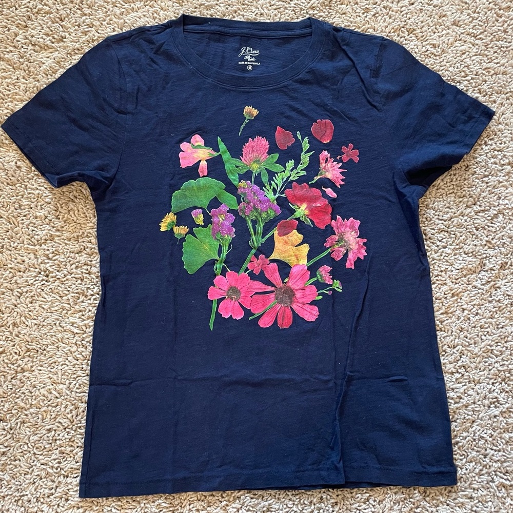 J Crew Vintage Cotton Pressed-Flower Crewneck T-Shirt Navy Size Medium